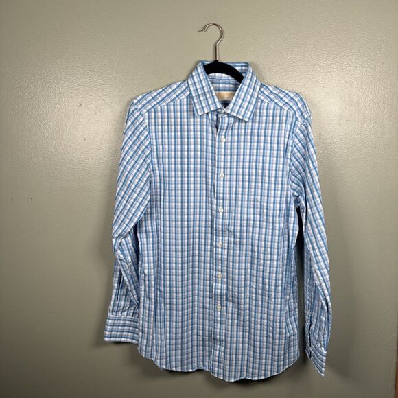 Michael Kors Sz 15 : 32/33 Slim Fit Checker Button Collar Shirt Blue Long Sleeve - Picture 1 of 10
